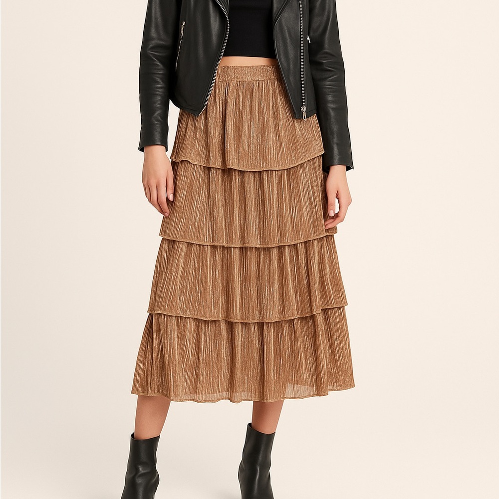 Storia Coastal Cowgirl Tiered Metallic Maxi Skirt – Size S / Rose Gold‎ Blush